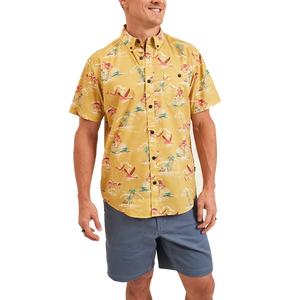 Model Wearing Howler Brothers Mansfield shirt in Flamingo Flamboyance pattern, front view