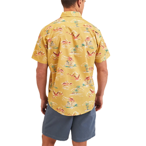 Model Wearing Howler Brothers Mansfield shirt in Flamingo Flamboyance pattern, rear view