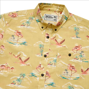  Howler Brothers Mansfield shirt in Flamingo Flamboyance pattern, flat lay close up fabric detail view