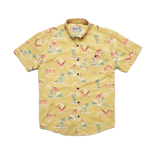 Howler Brothers Mansfield shirt in Flamingo Flamboyance pattern, flat lay view