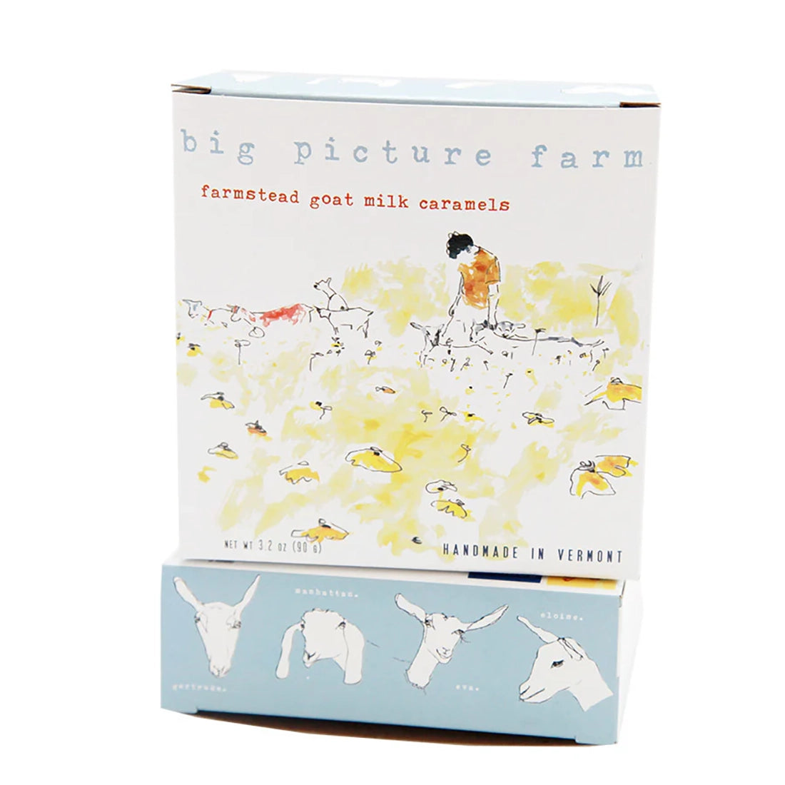 Big Picture Farm Many Fields Farmstead Goat Milk Caramels box with top and side view white background — 8 flavor classic mix handmade Vermont caramels