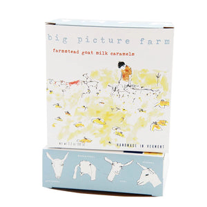 Big Picture Farm Many Fields Farmstead Goat Milk Caramels box with top and side view white background — 8 flavor classic mix handmade Vermont caramels