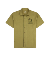 Marshall Embroidered Linen Shirt Olive flat lay – 55% linen 45% viscose short sleeve button-down – The Simple Man