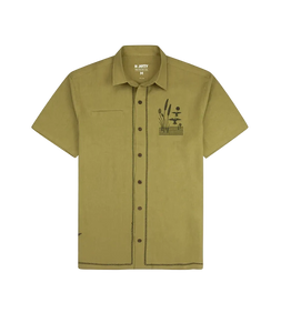 Marshall Embroidered Linen Shirt Olive flat lay – 55% linen 45% viscose short sleeve button-down – The Simple Man
