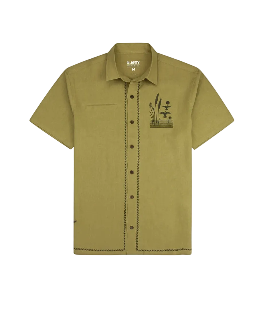 Marshall Embroidered Linen Shirt Olive flat lay – 55% linen 45% viscose short sleeve button-down – The Simple Man
