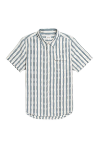 Bridge & Burn Marten Shirt Beach Stripe flat lay – men's 100% cotton standard fit stripe short sleeve button down with chest pocket