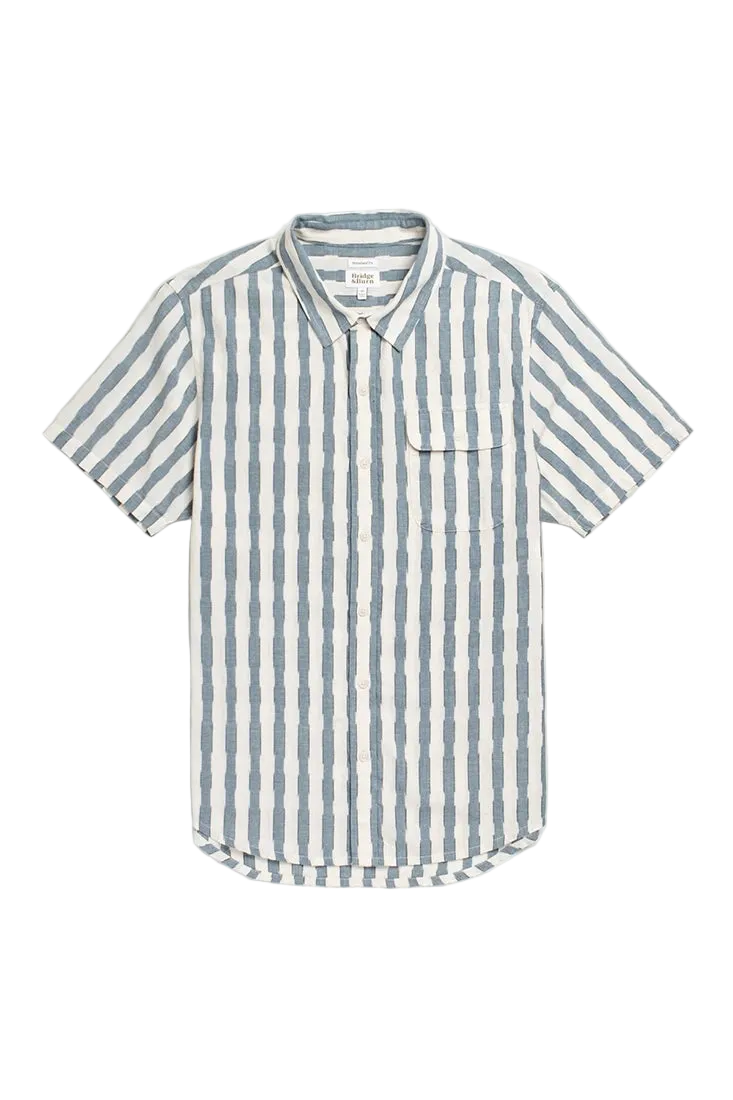 Bridge & Burn Marten Shirt Beach Stripe flat lay – men's 100% cotton standard fit stripe short sleeve button down with chest pocket