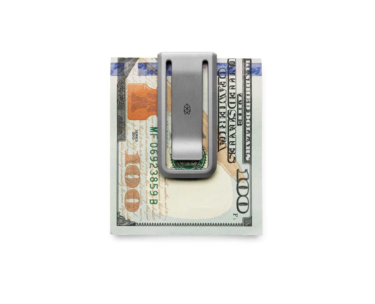 The Martindale titanium money clip securing a stack of $100 bills – slim cash carry option