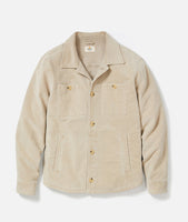 Flat lay of Max Moleskin Overshirt in taupe, showing button front, dual chest pockets, and soft diamond-textured moleskin fabric.