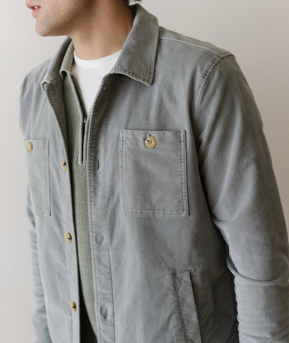 Close-up of slate moleskin overshirt showing soft brushed fabric and chest pocket