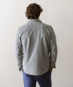 Back view of men’s slate moleskin overshirt with clean workwear fit