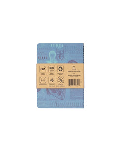 Back of blue Medicine Pocket Notebook showing eco-friendly details and recycled paper icons
