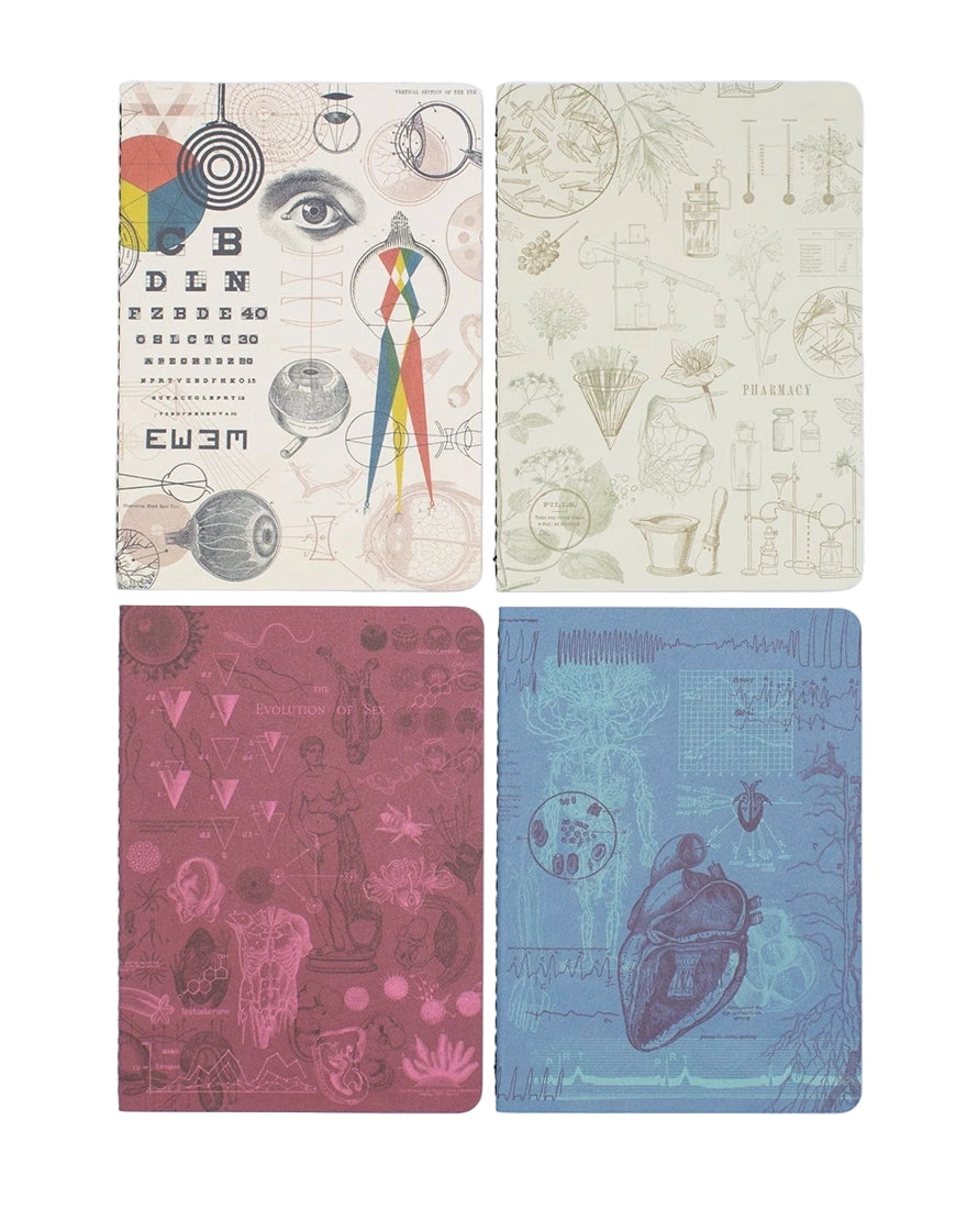 Four notebook covers from Medicine Pocket Notebook 4-Pack featuring Vision, Pharmacy, Reproduction, and Cardiology designs