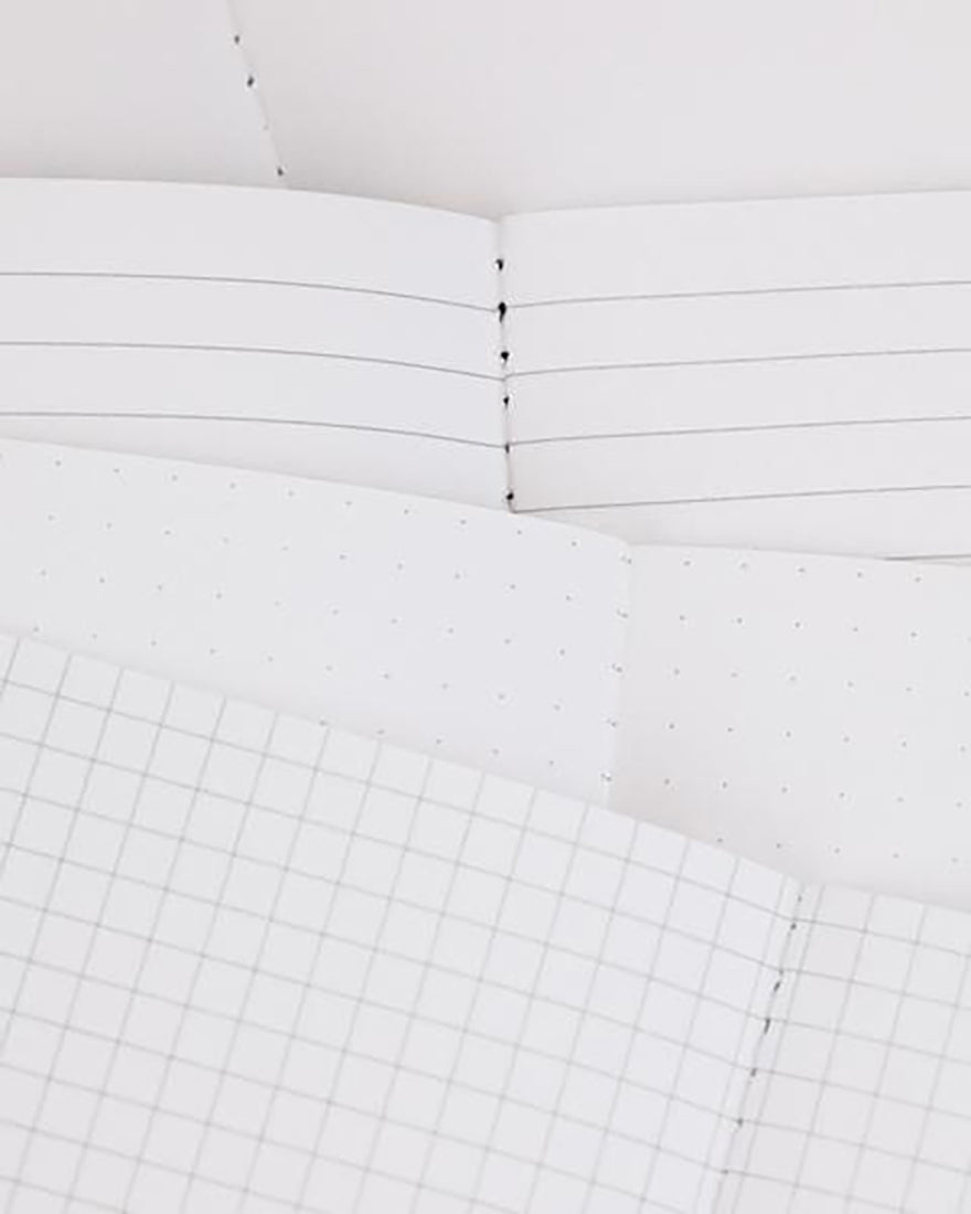 Inside pages of Medicine Pocket Notebook showing lined, dot grid, and graph paper styles