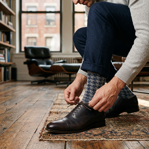 Man tying boot laces wearing Unsimply Stitched Medium Houndstooth Sock in Heather Grey Navy