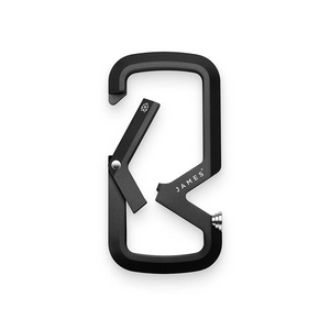 The James Brand Mehlville black carabiner detail view showing dual compartment gate