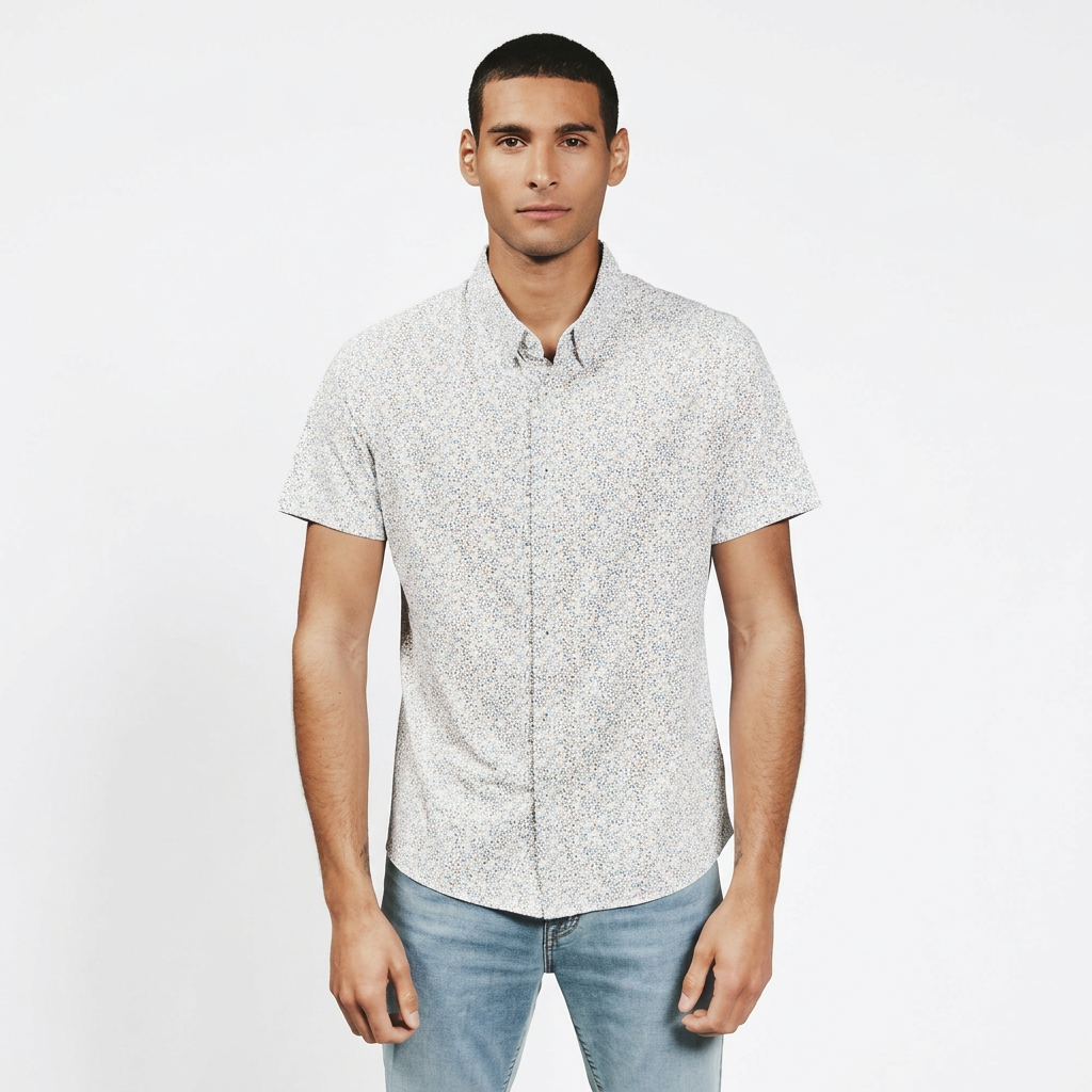 Mercer Natural floral short sleeve button-down shirt on man with jeans – 4-way stretch structured knit men's casual shirt