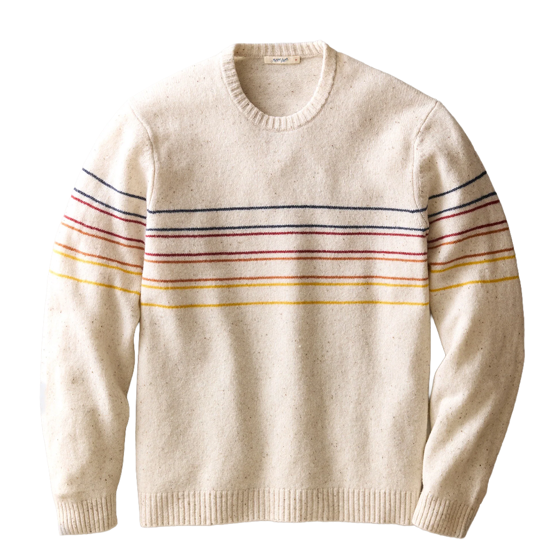 Cream speckled merino crewneck sweater with navy, red, orange and yellow chest stripes, flat lay