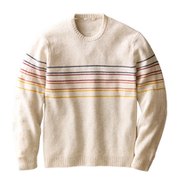Cream speckled merino crewneck sweater with navy, red, orange and yellow chest stripes, flat lay