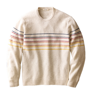 Cream speckled merino crewneck sweater with navy, red, orange and yellow chest stripes, flat lay