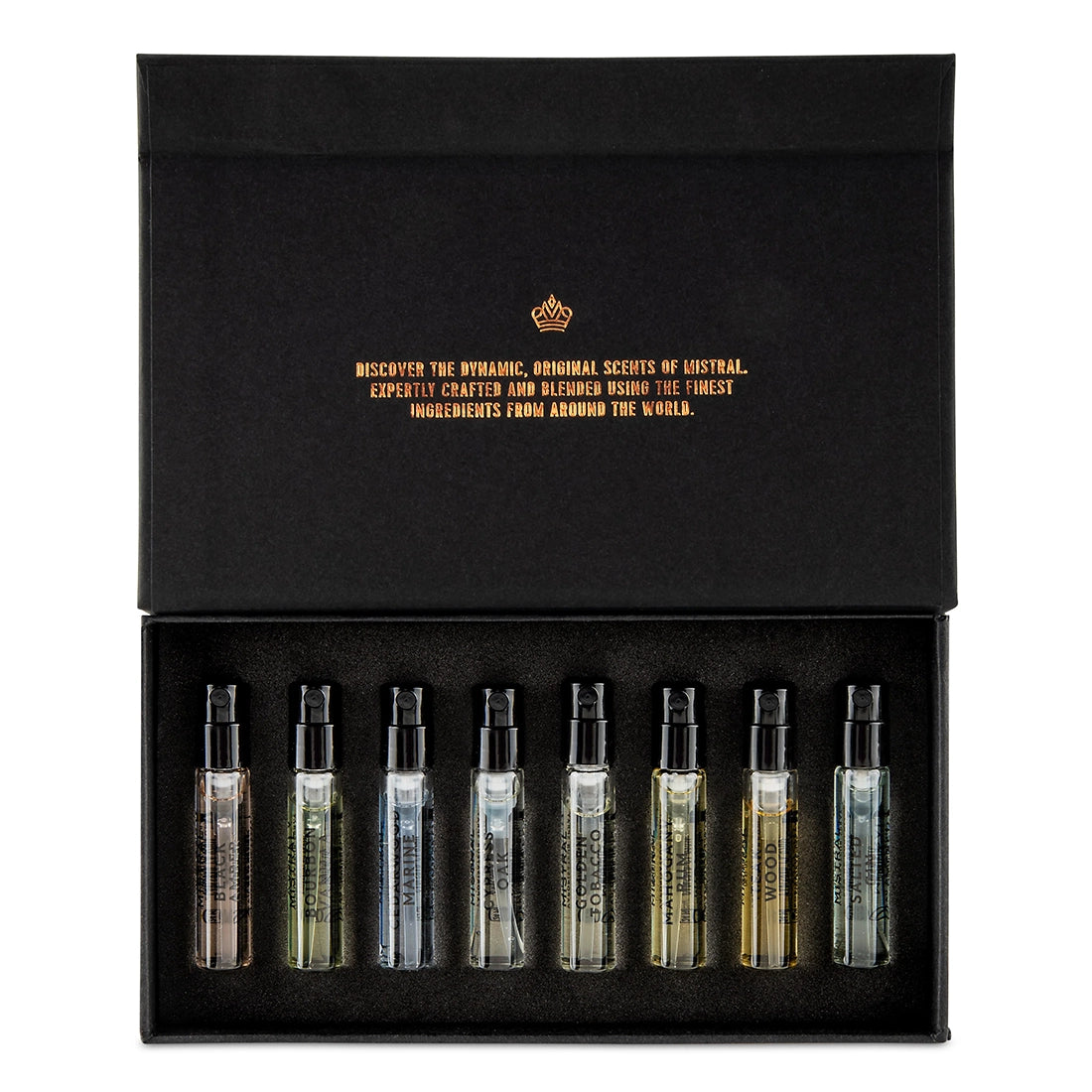 Men’s eau de parfum discovery set open box showing eight 2mL fragrance sample vials from Mistral, available at The Simple Man.
