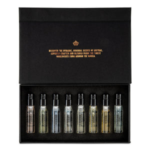 Men’s eau de parfum discovery set open box showing eight 2mL fragrance sample vials from Mistral, available at The Simple Man.
