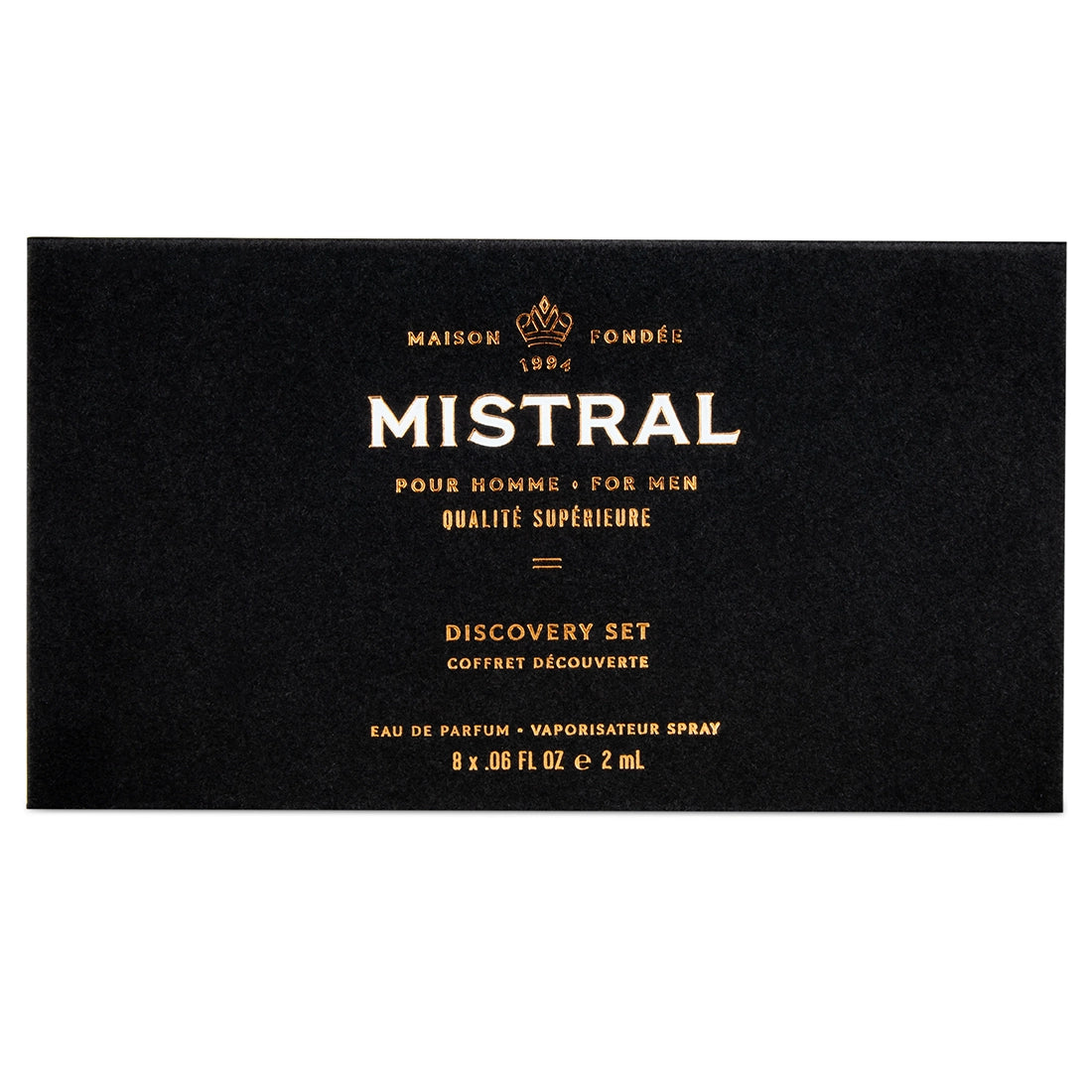 Front view of the Mistral men’s eau de parfum discovery set box with gold lettering, sold at The Simple Man