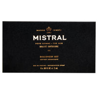 Front view of the Mistral men’s eau de parfum discovery set box with gold lettering, sold at The Simple Man