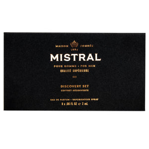 Front view of the Mistral men’s eau de parfum discovery set box with gold lettering, sold at The Simple Man