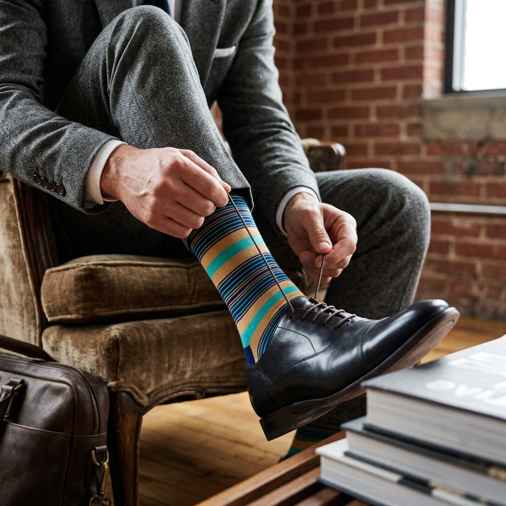 Man tying dress boots wearing Unsimply Stitched Motel Stripe Sock in Aqua Khaki, lifestyle shot