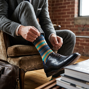 Man tying dress boots wearing Unsimply Stitched Motel Stripe Sock in Aqua Khaki, lifestyle shot