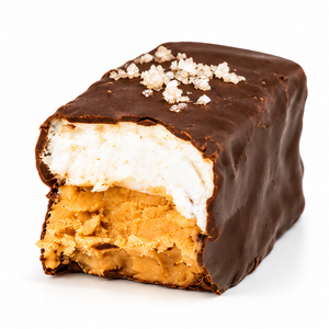 Cutaway of a Mother Fluffer mini chocolate bar showing peanut butter and marshmallow layers under a dark chocolate coat with salt flakes, The Simple Man