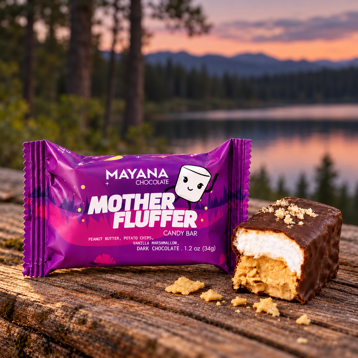 Mother Fluffer mini chocolate bar in its purple wrapper beside a cut piece showing peanut butter and marshmallow, on a wood table by a lake, The Simple Man