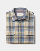 Folded Mountain Overshirt in vintage blue plaid with dual flap pockets and branded buttons—100% cotton heavyweight twill shirt available at The Simple Man.
