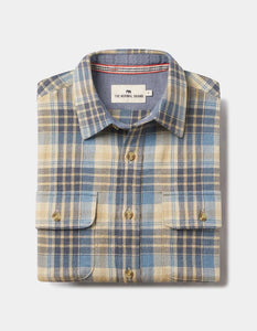 Folded Mountain Overshirt in vintage blue plaid with dual flap pockets and branded buttons—100% cotton heavyweight twill shirt available at The Simple Man.