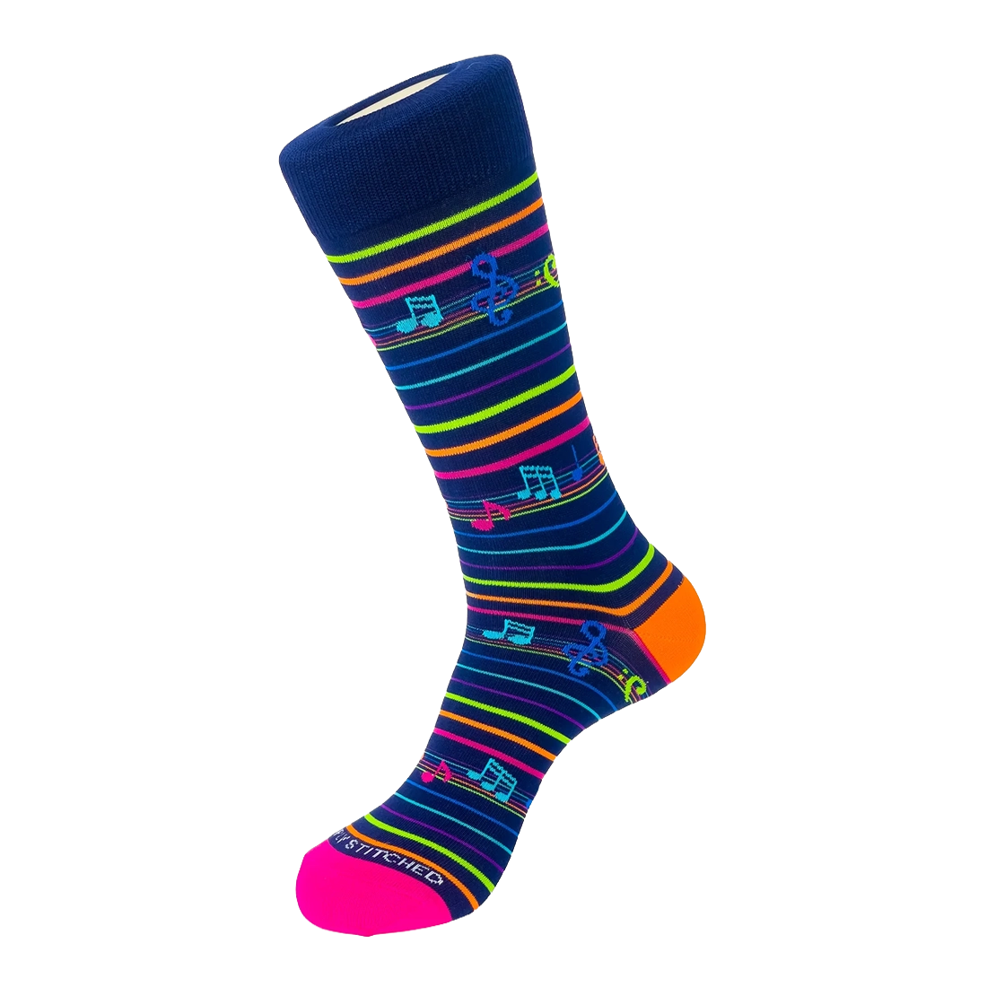 Unsimply Stitched Musical Notes Sock in Navy Multi, flat lay view of music note pattern