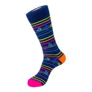 Unsimply Stitched Musical Notes Sock in Navy Multi, flat lay view of music note pattern