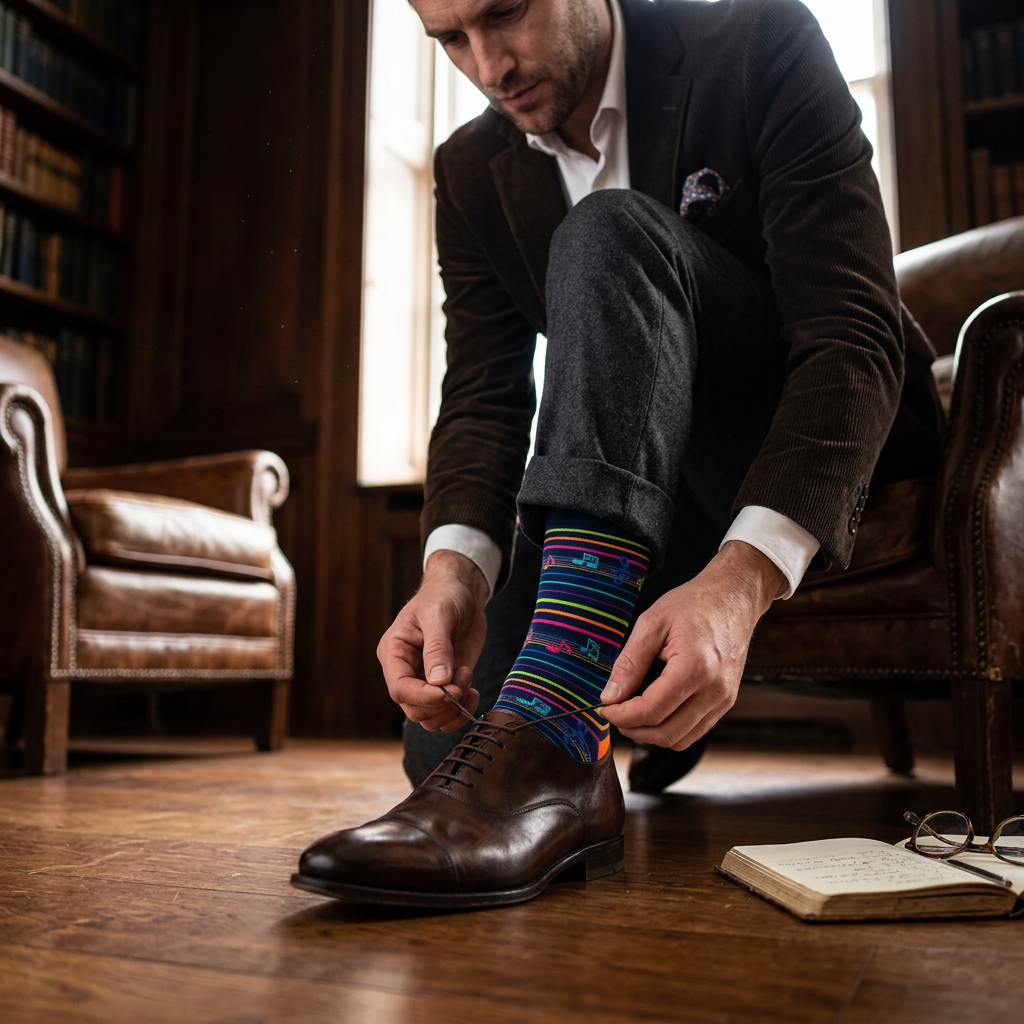 Man tying oxford shoes wearing Unsimply Stitched Musical Notes Sock in Navy Multi, lifestyle shot