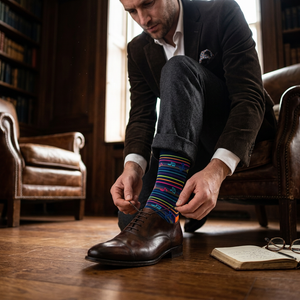 Man tying oxford shoes wearing Unsimply Stitched Musical Notes Sock in Navy Multi, lifestyle shot