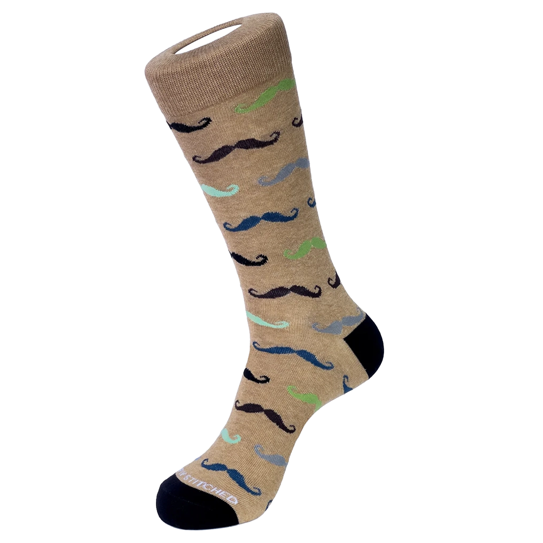 Unsimply Stitched Mustaches Sock in Khaki Multi, flat lay view of mustache print pattern