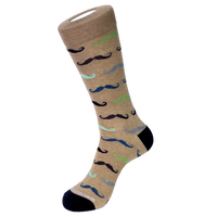 Unsimply Stitched Mustaches Sock in Khaki Multi, flat lay view of mustache print pattern
