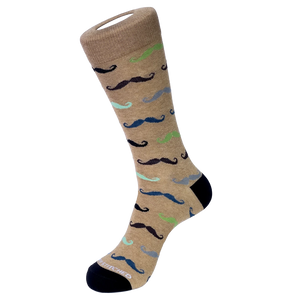 Unsimply Stitched Mustaches Sock in Khaki Multi, flat lay view of mustache print pattern