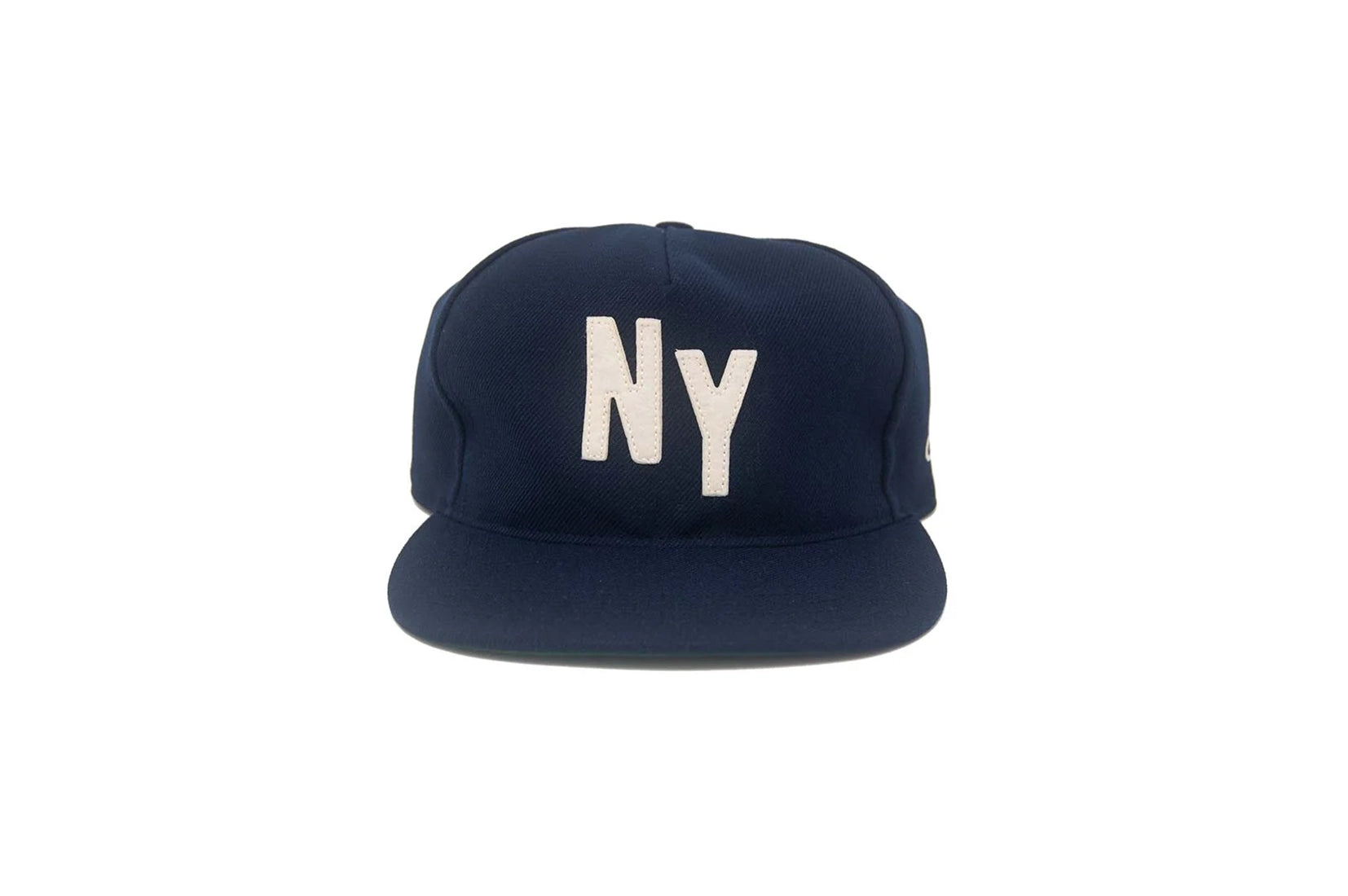 Navy unstructured stadium snapback hat with felt NY logo front view