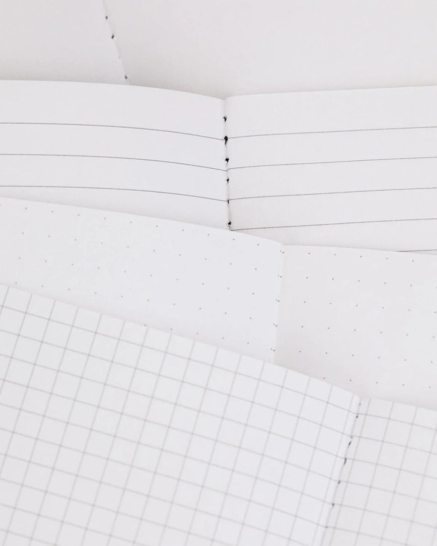 Close-up of lined, dot grid, and graph paper inside Natural Science Pocket Notebooks – sustainable pocket journals from The Simple Man