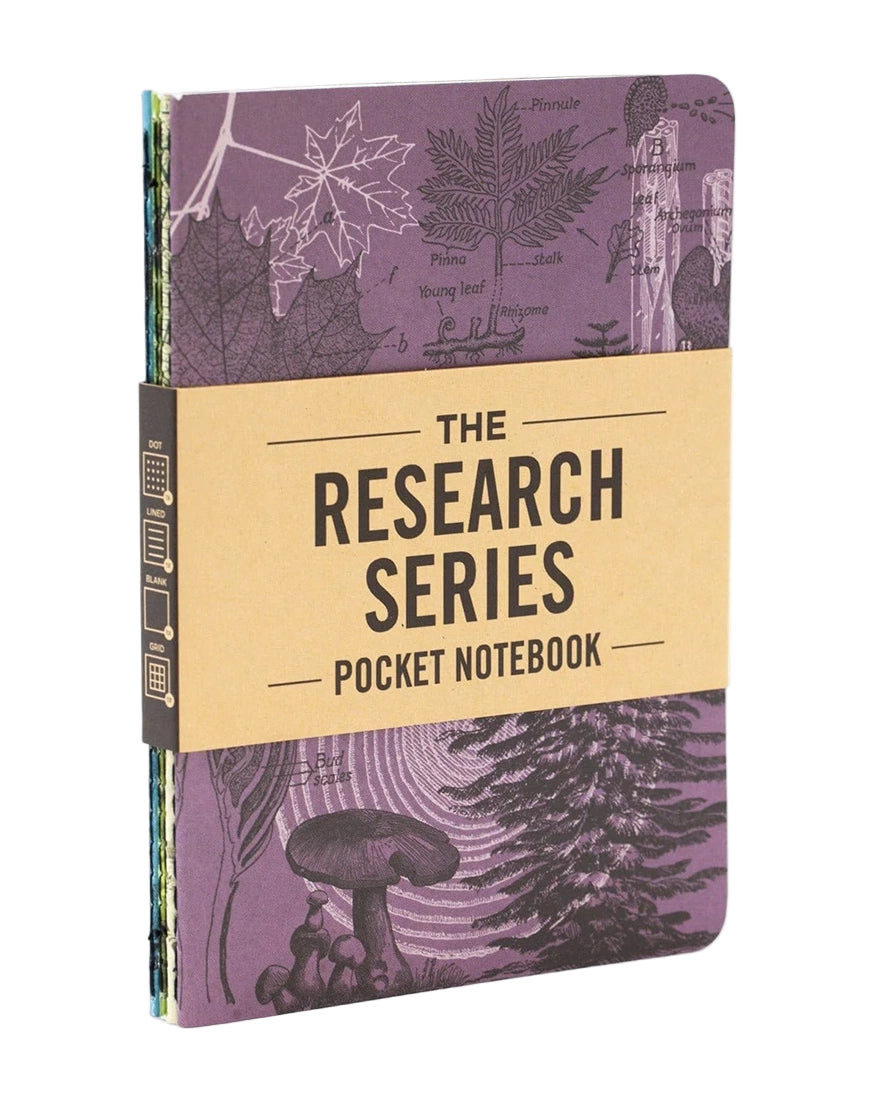 Natural Science Pocket Notebook 4-pack with purple forest design and kraft paper band – eco-friendly pocket journals from The Simple Man Omaha