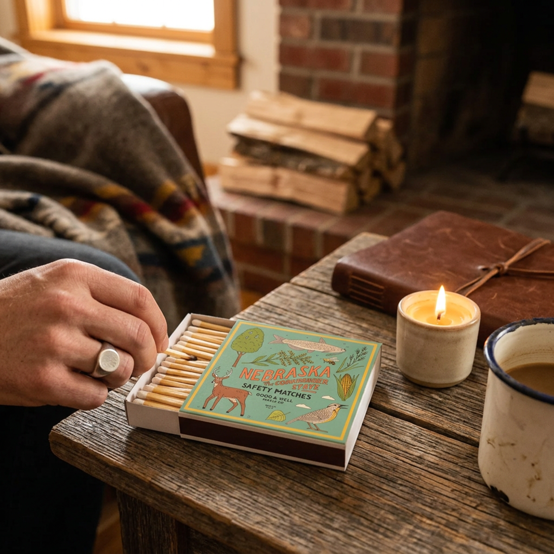 Nebraska State Cabin Matches box open on a cabin coffee table next to a lit candle and mug of coffee, lifestyle shot -- The Simple Man