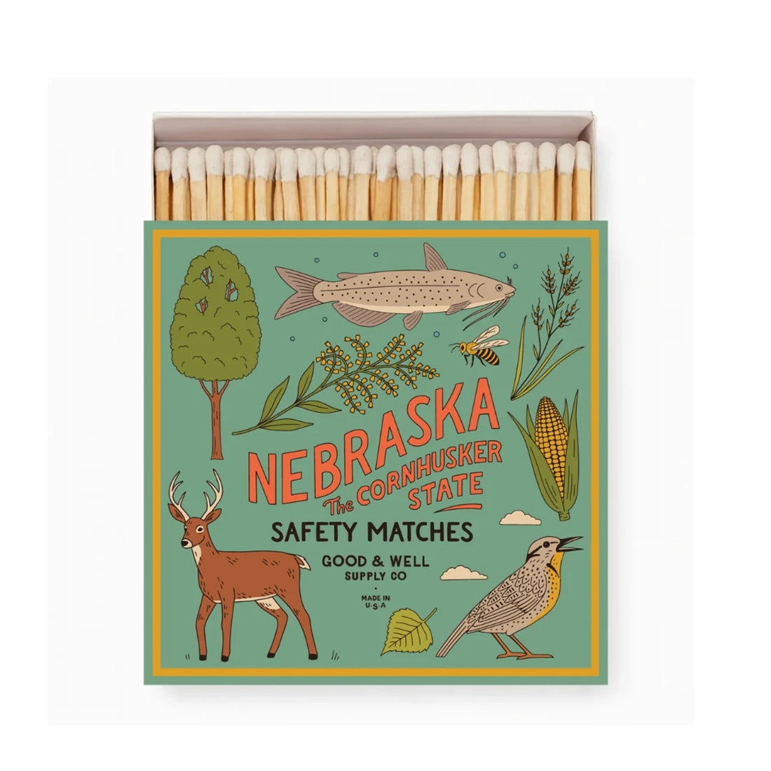 Nebraska State Cabin Matches box, sage green matchbox with deer, catfish, meadowlark and corn illustrations, front view -- The Simple Man