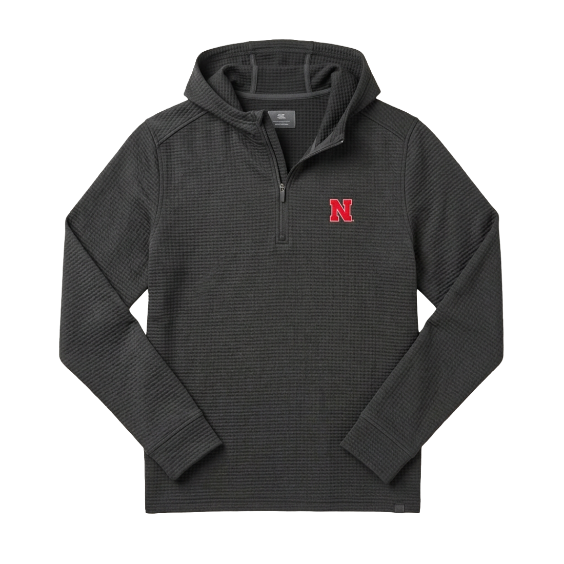 Nebraska Huskers black waffle-knit quarter-zip hoodie with red embroidered N, flat lay front view