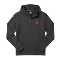 Nebraska Huskers black waffle-knit quarter-zip hoodie with red embroidered N, flat lay front view