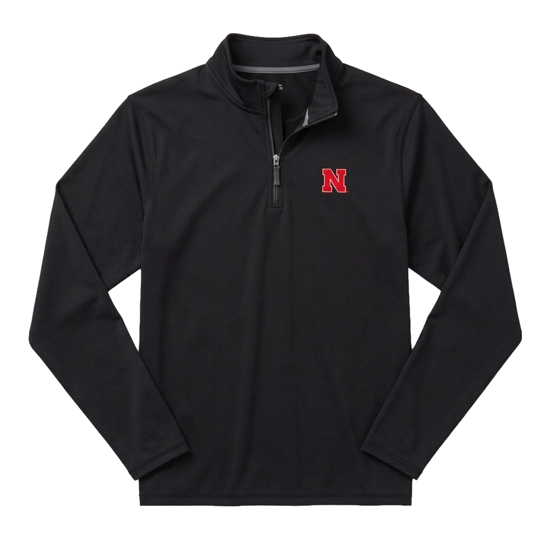 Nebraska Huskers black performance quarter-zip mock neck pullover with red embroidered N, flat lay